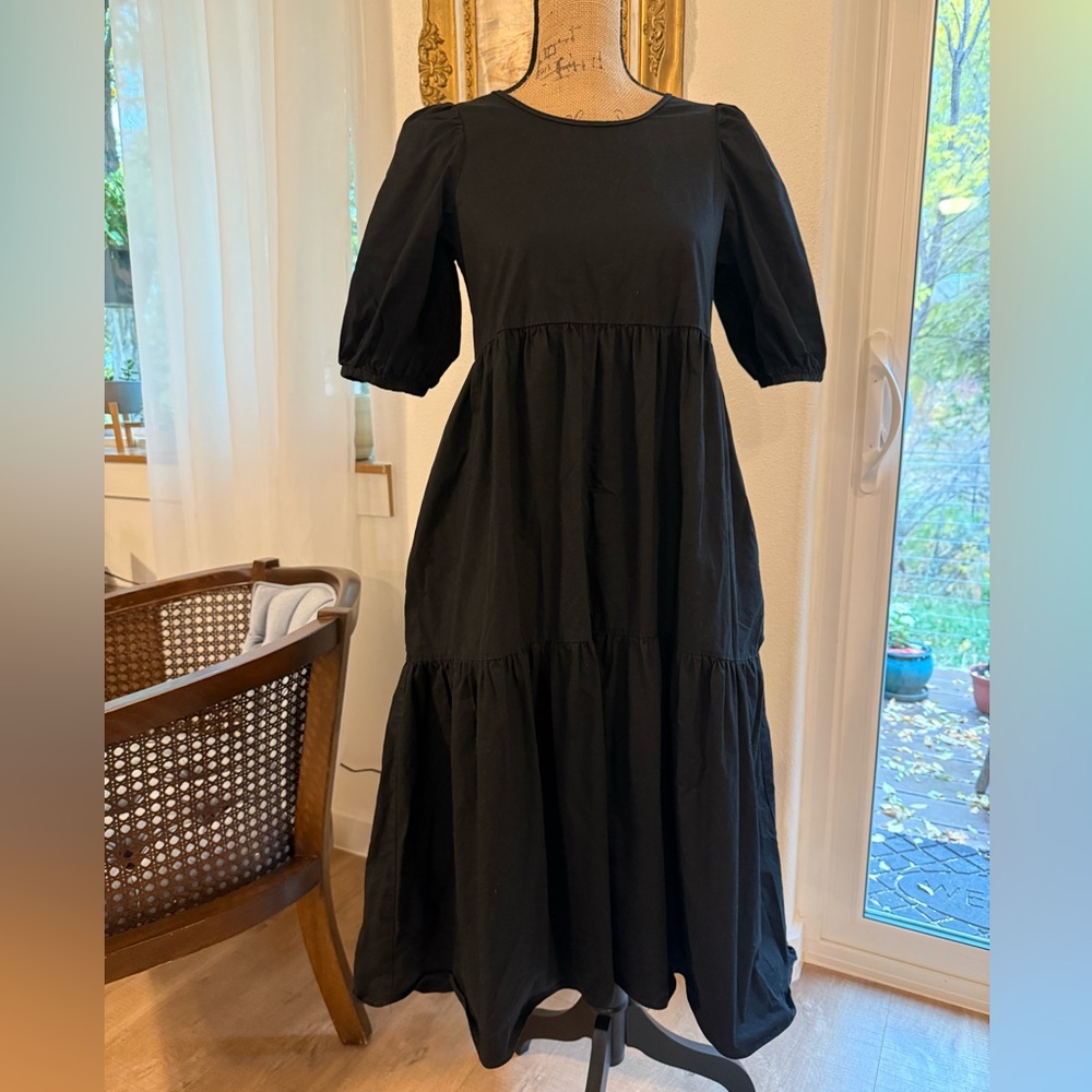 Zara Poplin Tiered  Black Midi Dress